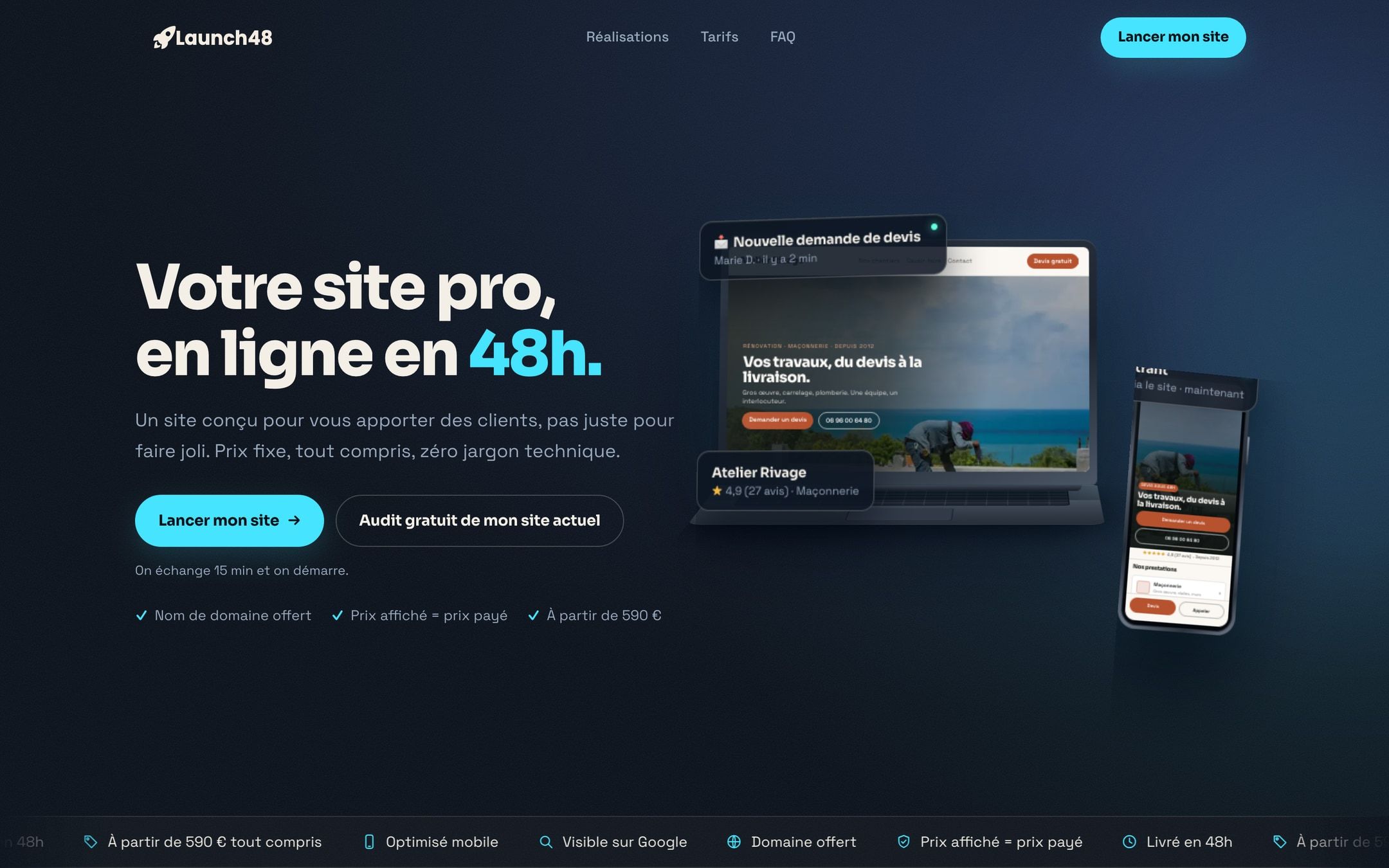 L'accueil de Launch48 : la promesse d'un site en ligne en 48 heures, deux appels à l'action, et à droite la maquette d'un des gabarits sectoriels montré sur ordinateur et sur téléphone.