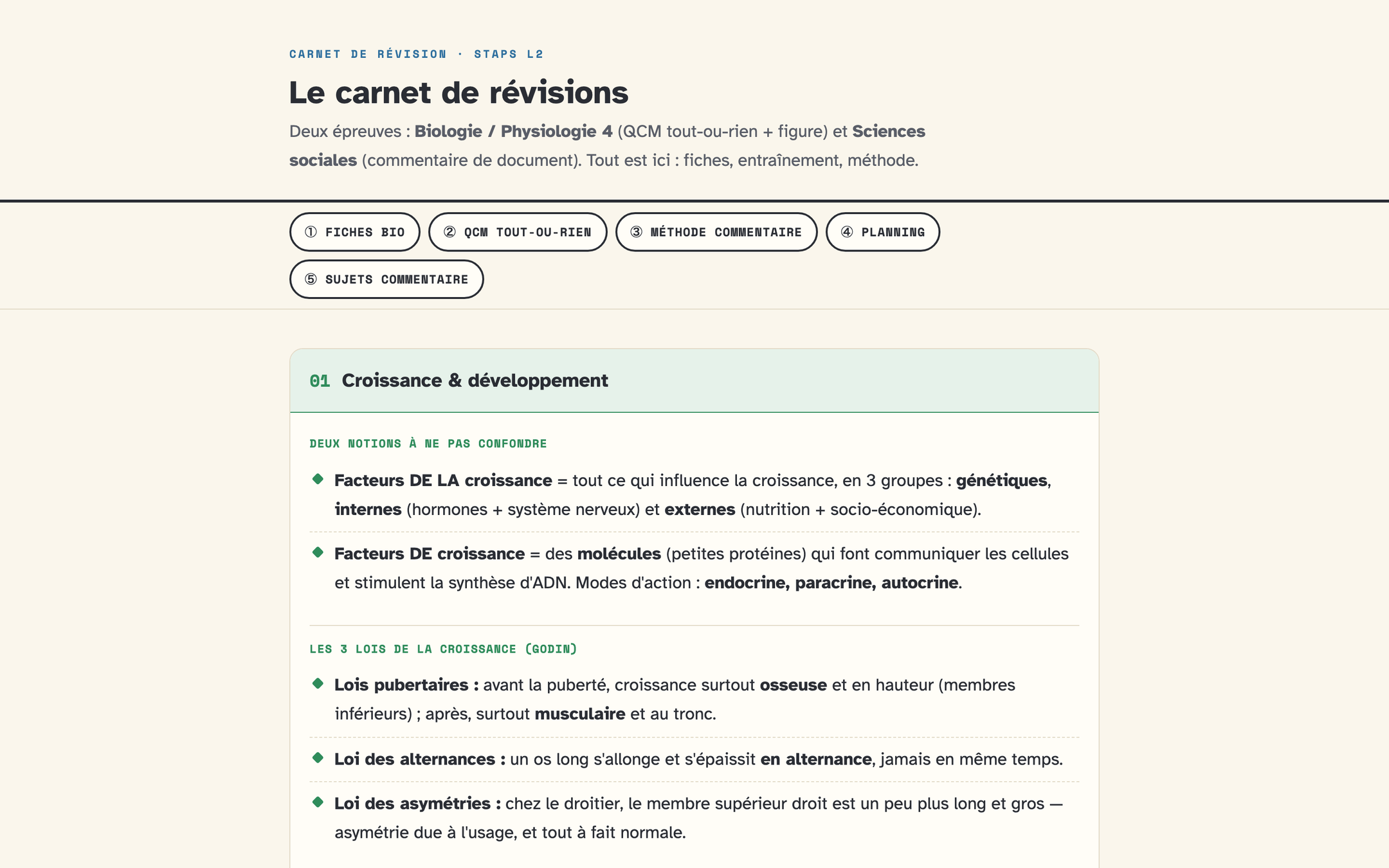 L'entrée du carnet : les cinq onglets du programme, puis la première fiche de biologie découpée en notions, chaque point tenant sur une ligne ou deux.