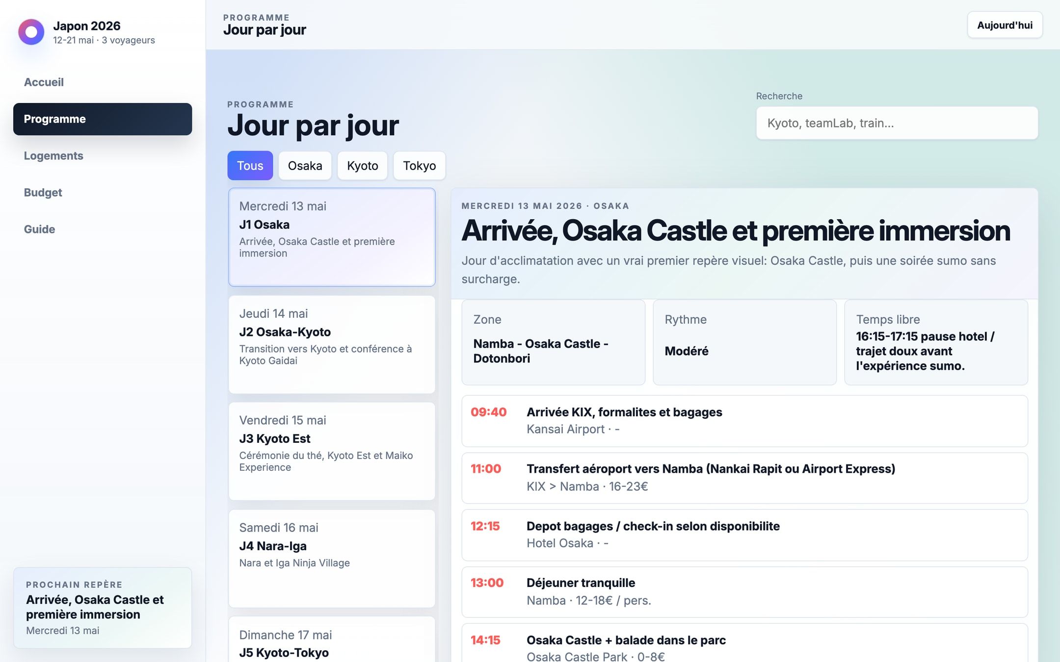 La vue « jour par jour » : la liste des neuf journées à gauche, et le détail de celle qui est sélectionnée à droite, heure par heure, avec la zone, le rythme, le temps libre et le coût de chaque déplacement.