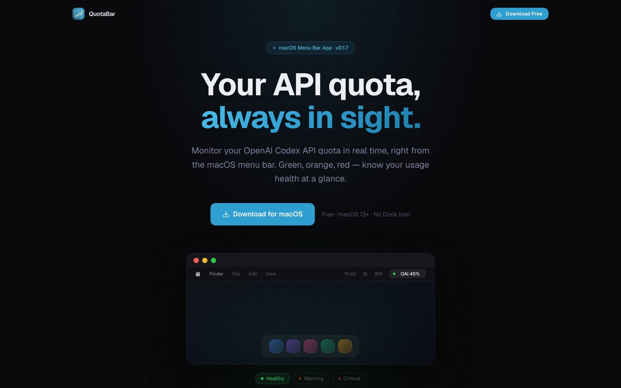 Le site de distribution de l'app, et au centre l'app elle-même à sa vraie place : une barre de menus macOS où le quota s'affiche en permanence, avec les trois états de couleur — sain, avertissement, critique — sous la maquette.