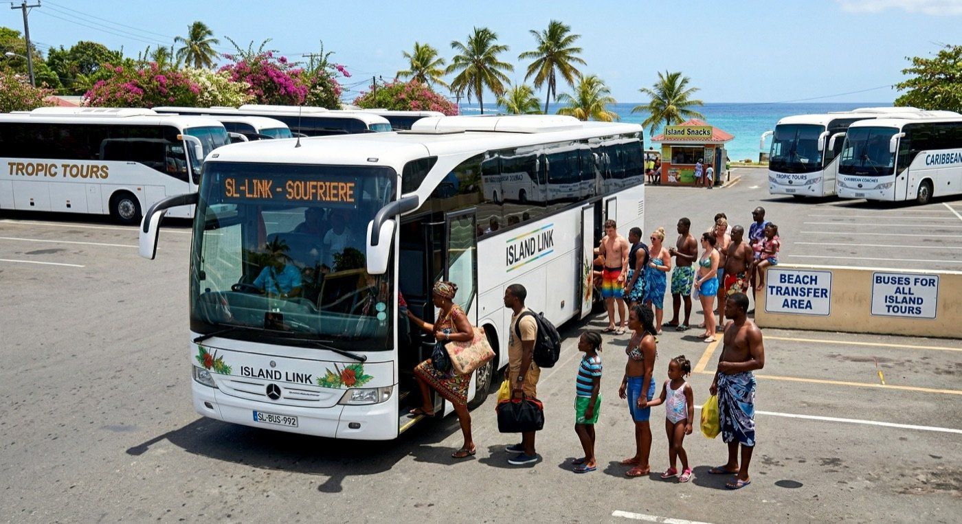 L'acheminement des passagers en bus jusqu'au port, la partie de la prestation que le planning doit absorber.
